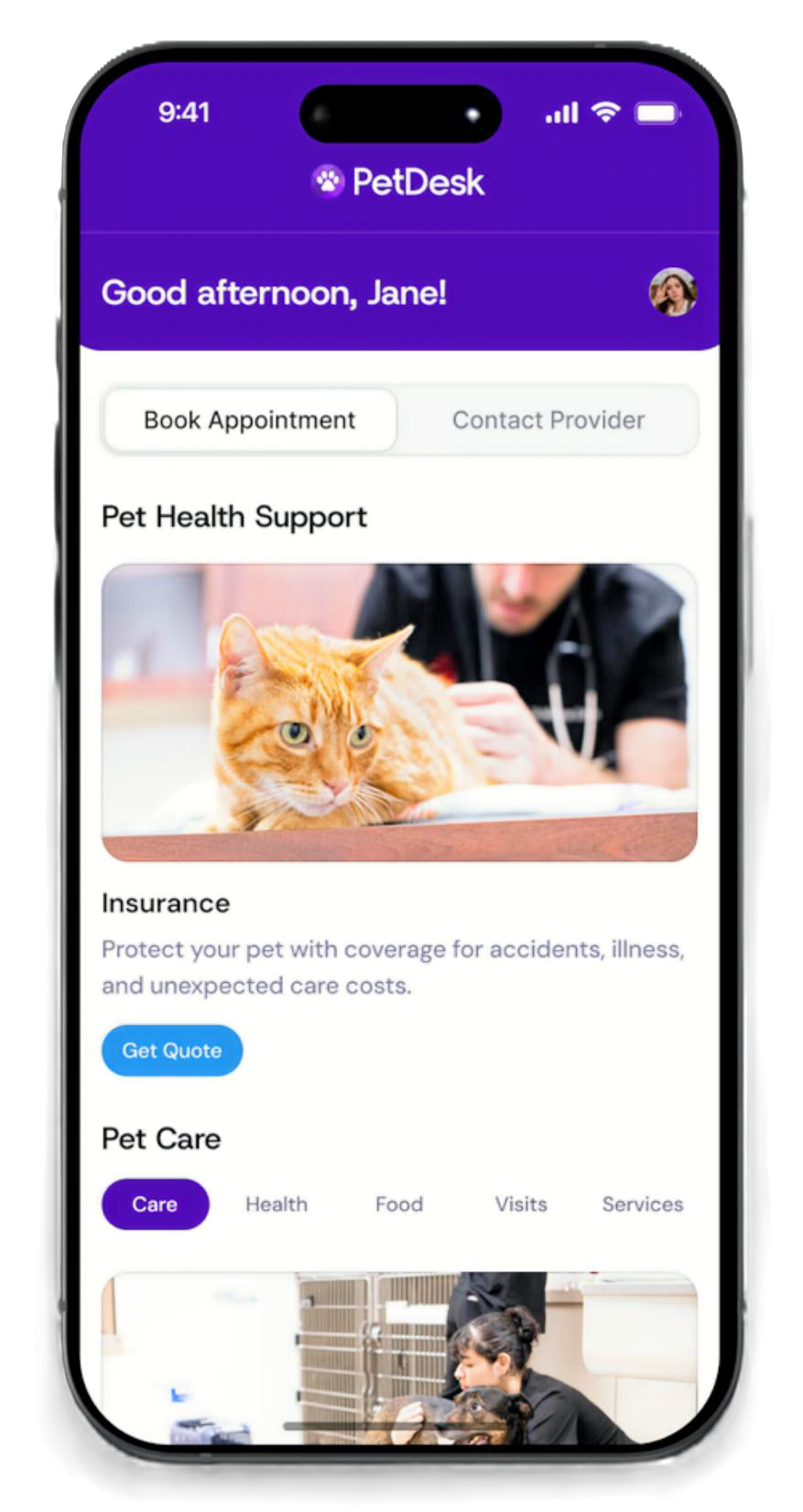 PetDesk mobile app showing appointment booking and pet health features